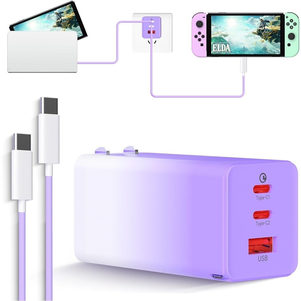 65W GaN III Fast Charger for Nintendo Switch/MacBook – 3-Port Adapter w/ Cable